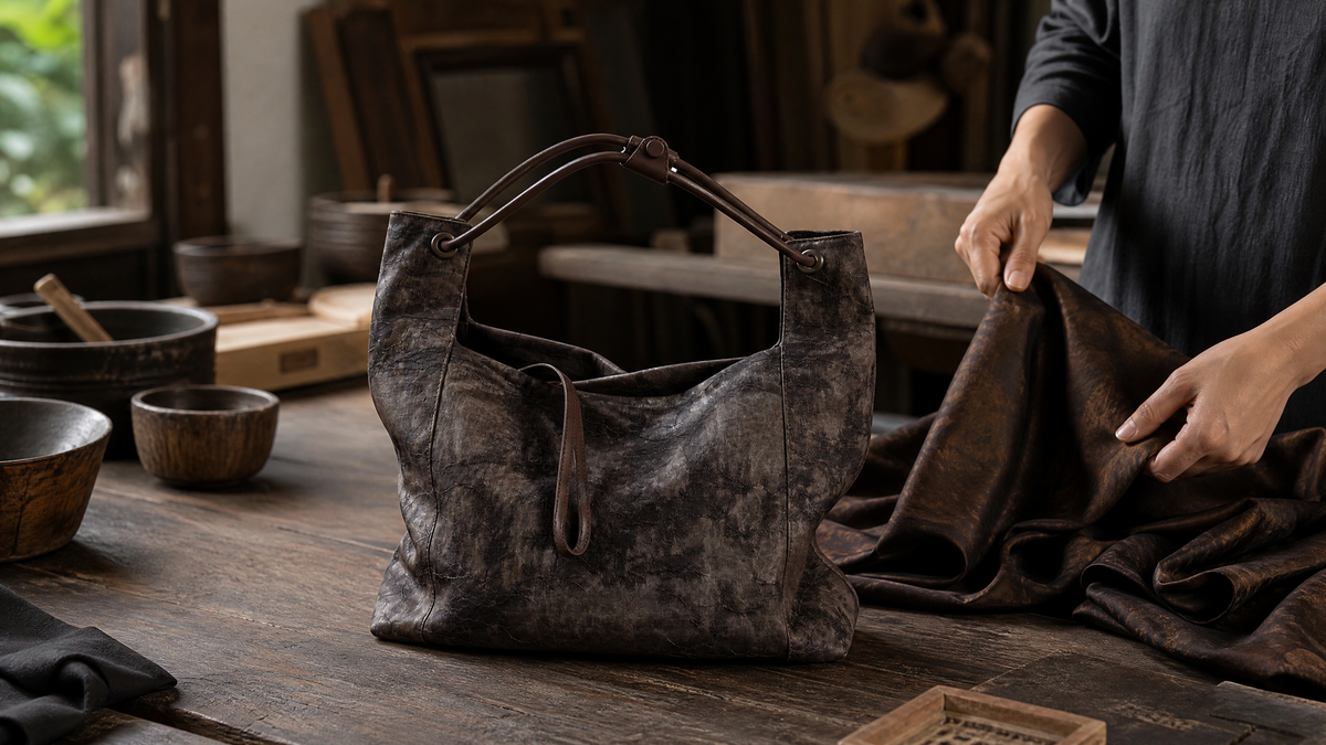 Handcrafted Xiangyunsha silk leather handbag inspired by Chinese heritage craftsmanship