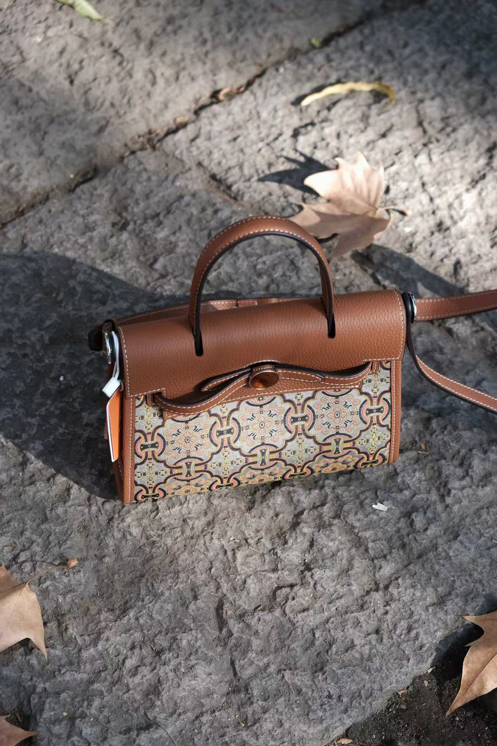 Vintage Geometric Song Brocade Cow Leather Mini Kelly Handbag