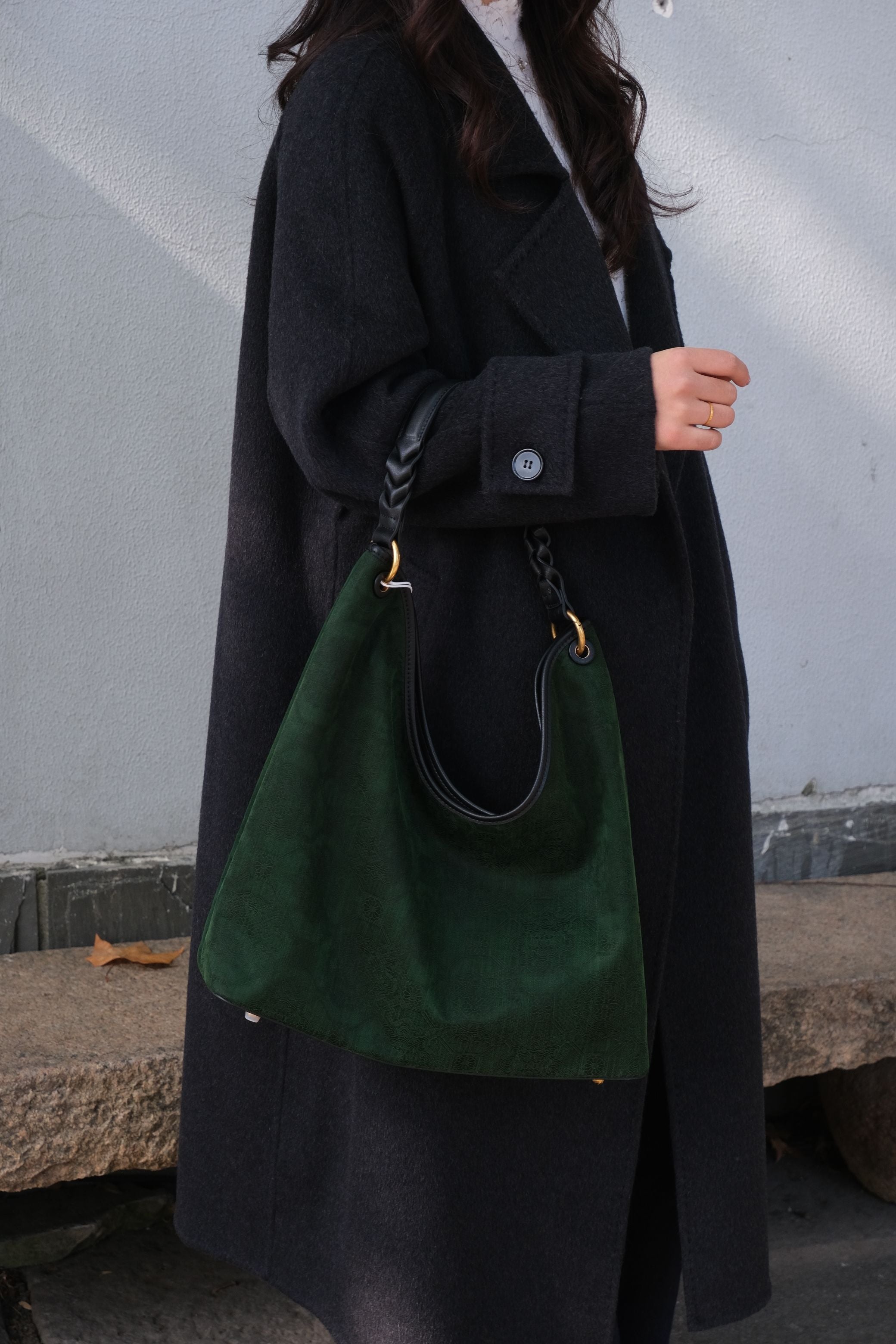 Dark Green Embossed Xiangyunsha Silk Cow Leather Large Commute Tote Bag