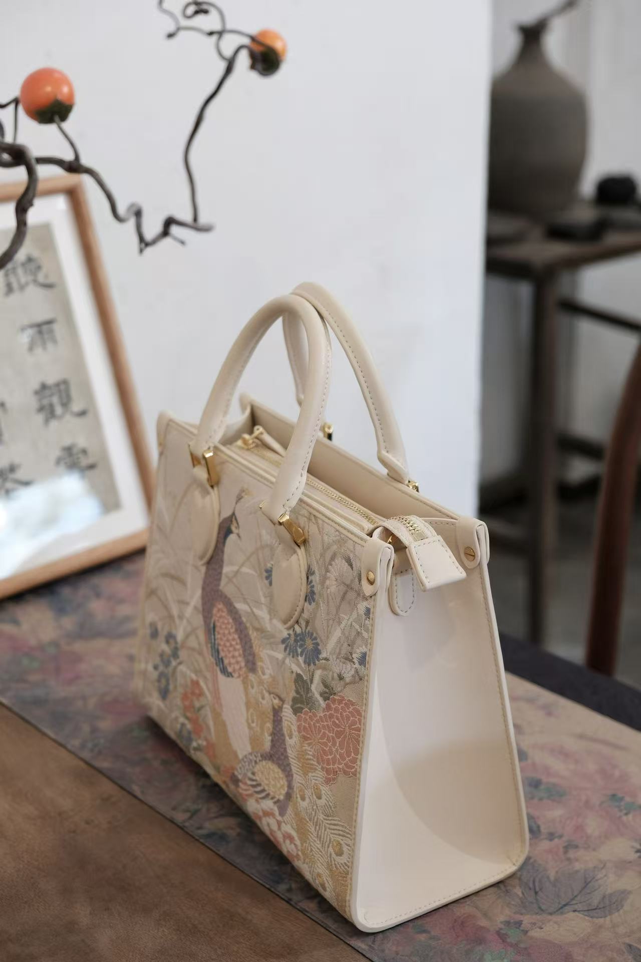 Designer handbag made with traditional Nishijin woven silk