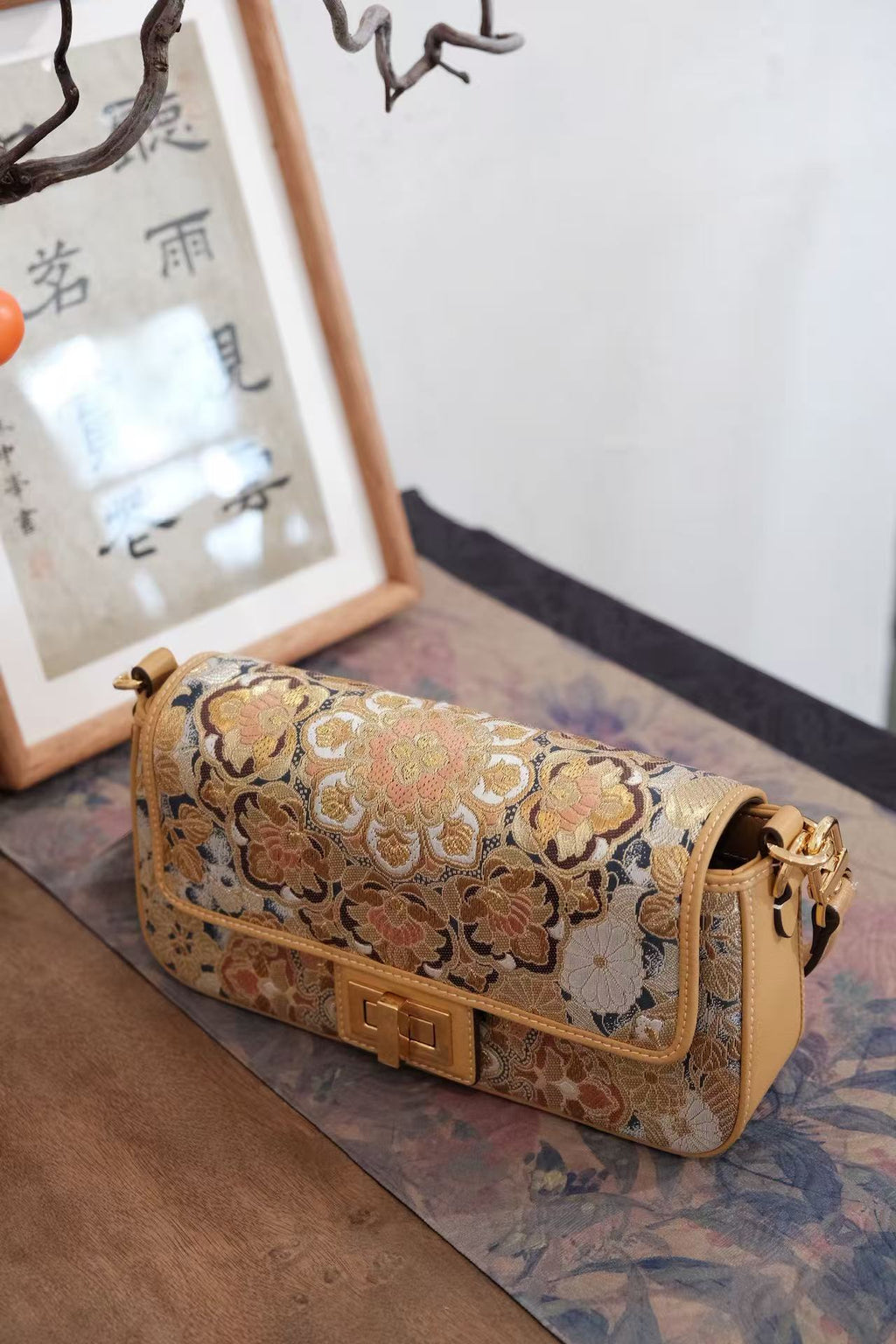 Nishijin silk leather handbag with premium craftsmanship