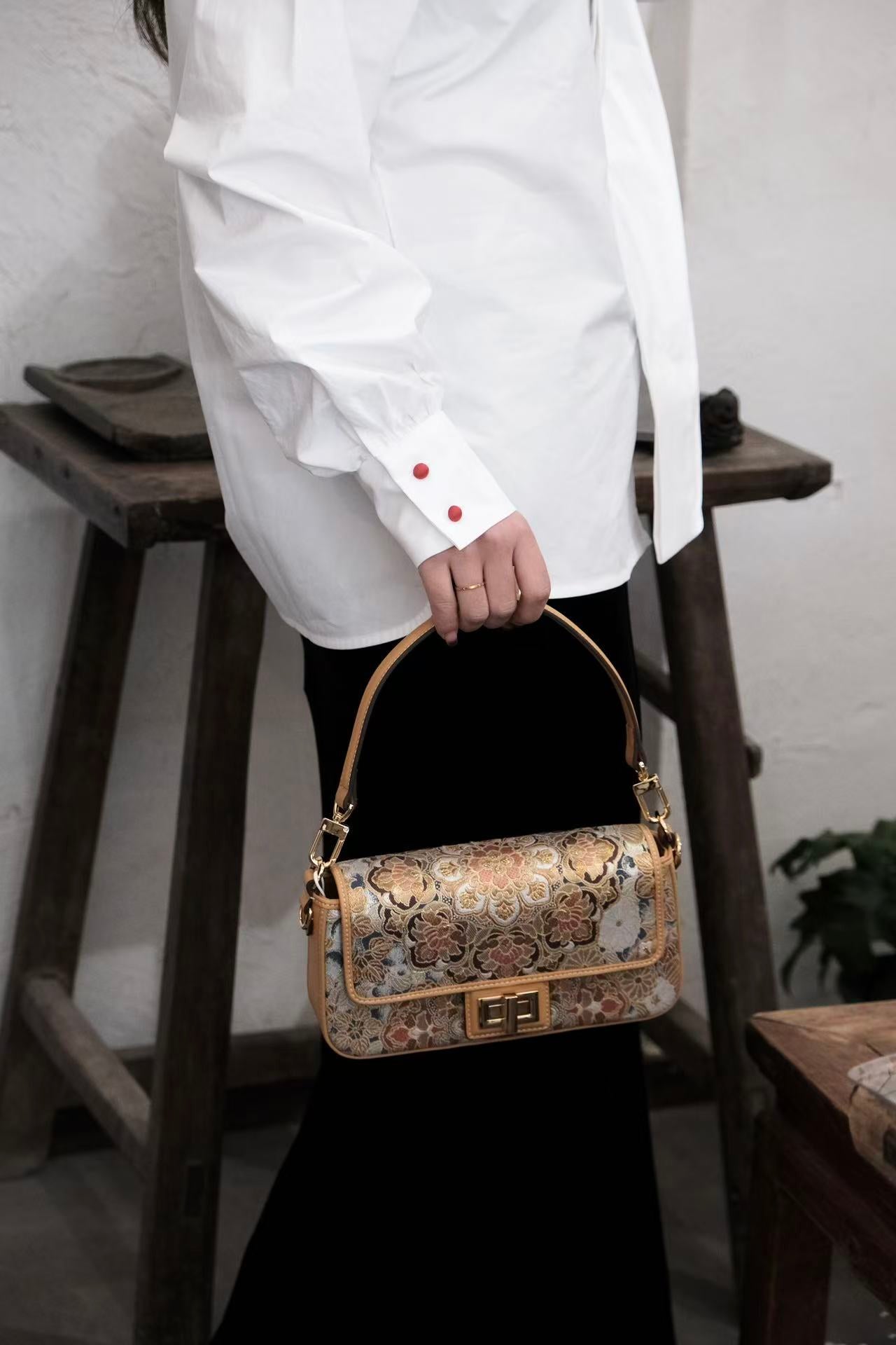 Luxury Nishijin mini handbag with woven silk fabric