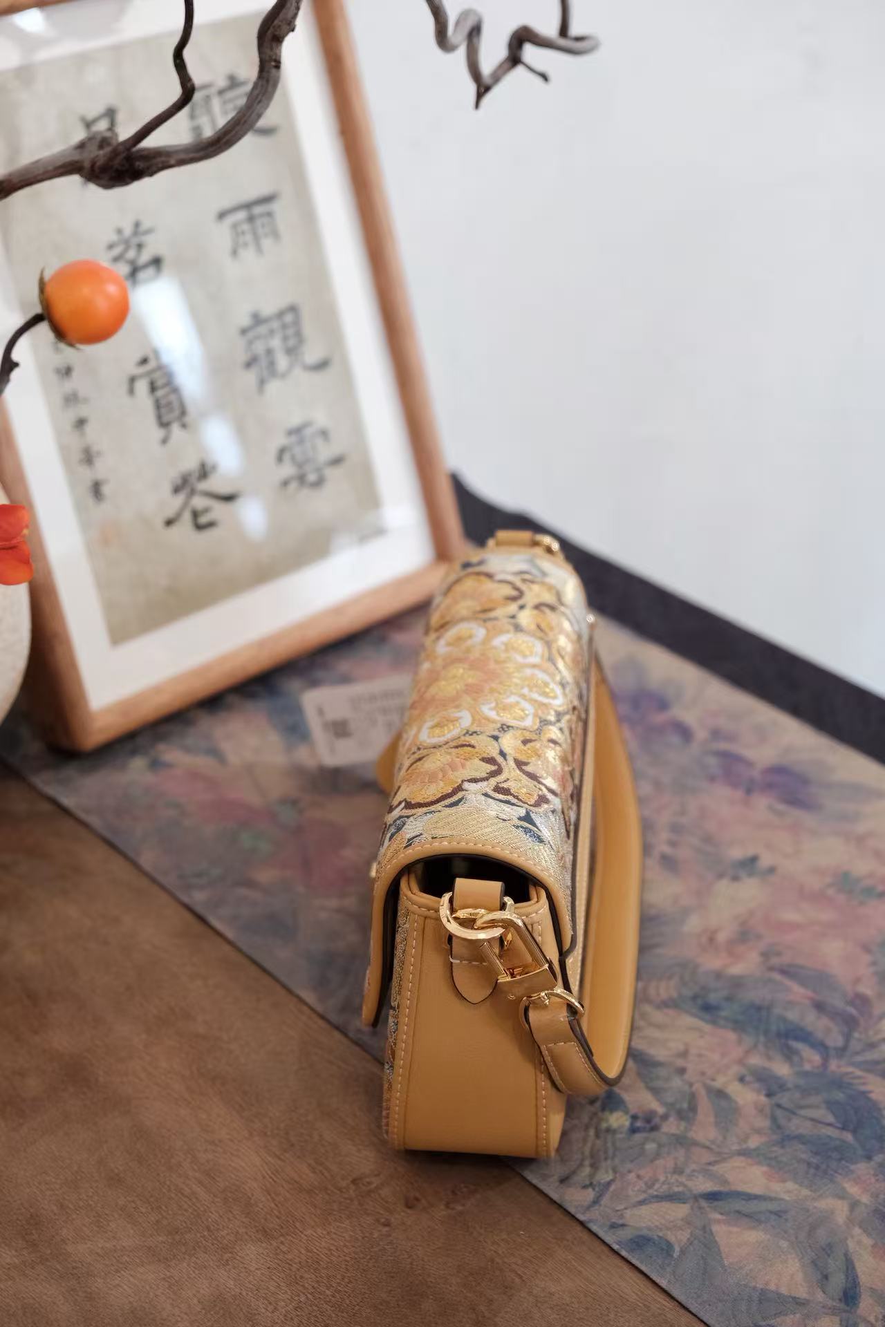 Handmade Nishijin silk tote bag with genuine leather details