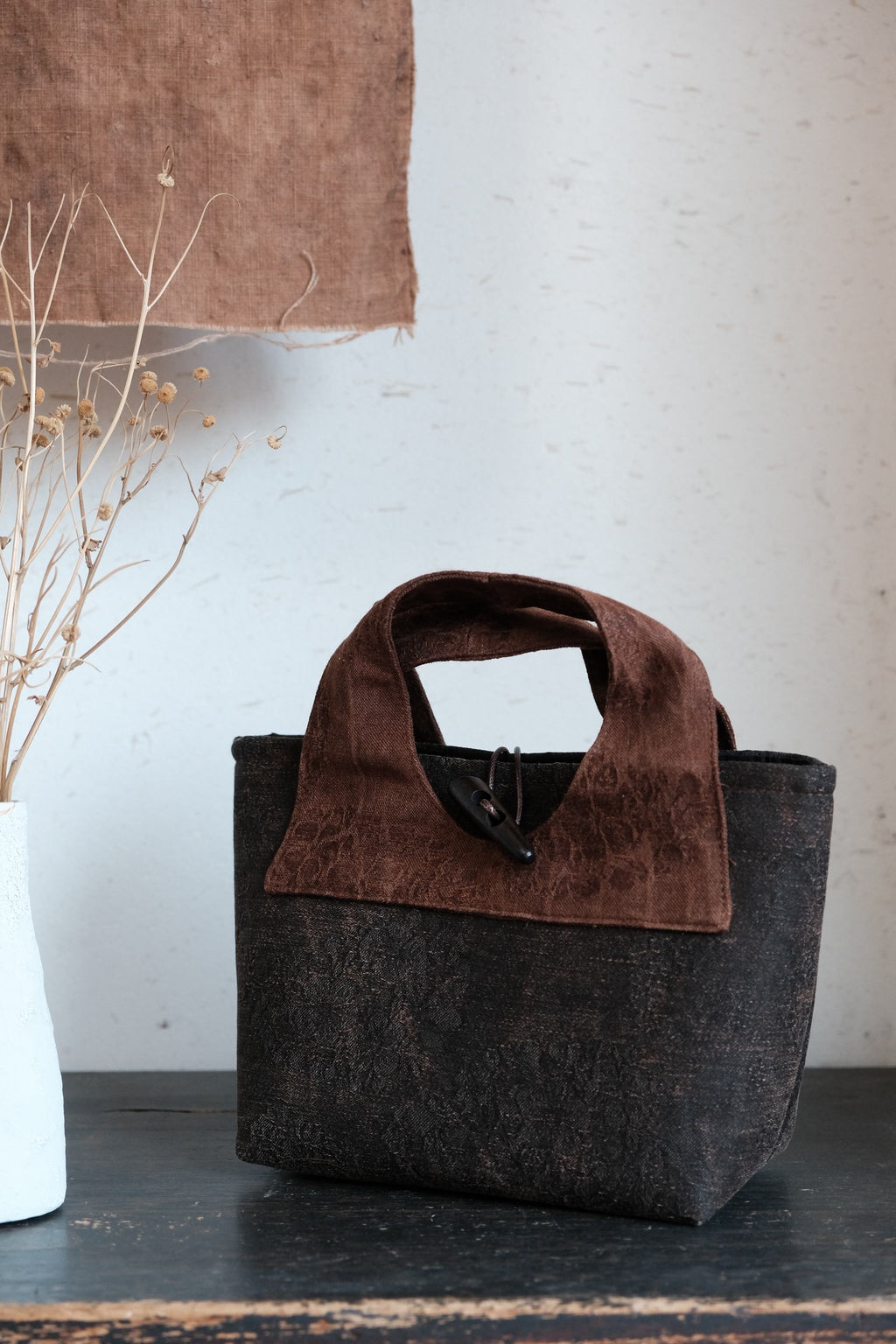 Back detail of handmade silk leather handbag