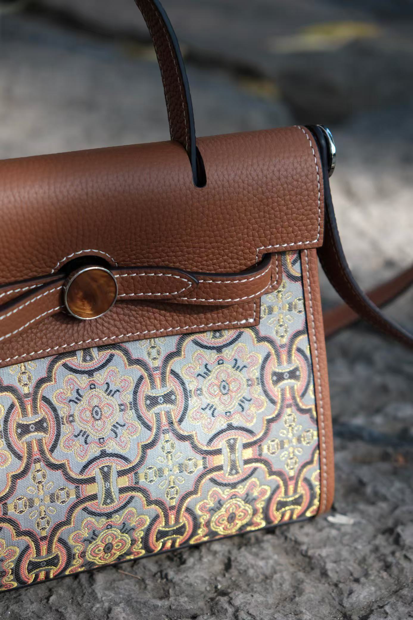 Vintage inspired Songjin silk leather handbag